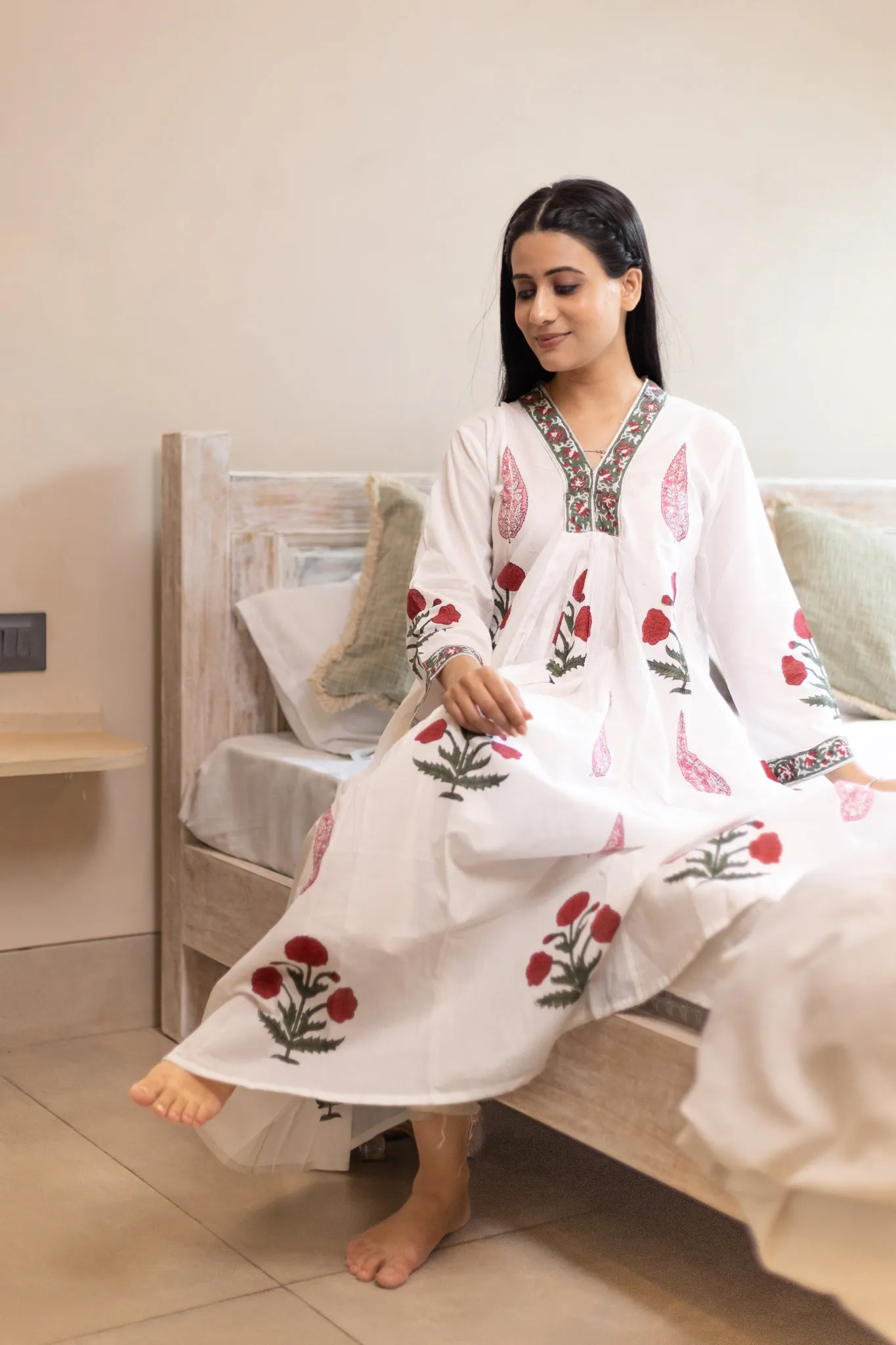 100% Cotton Hand Block Printed Sundress -Rose