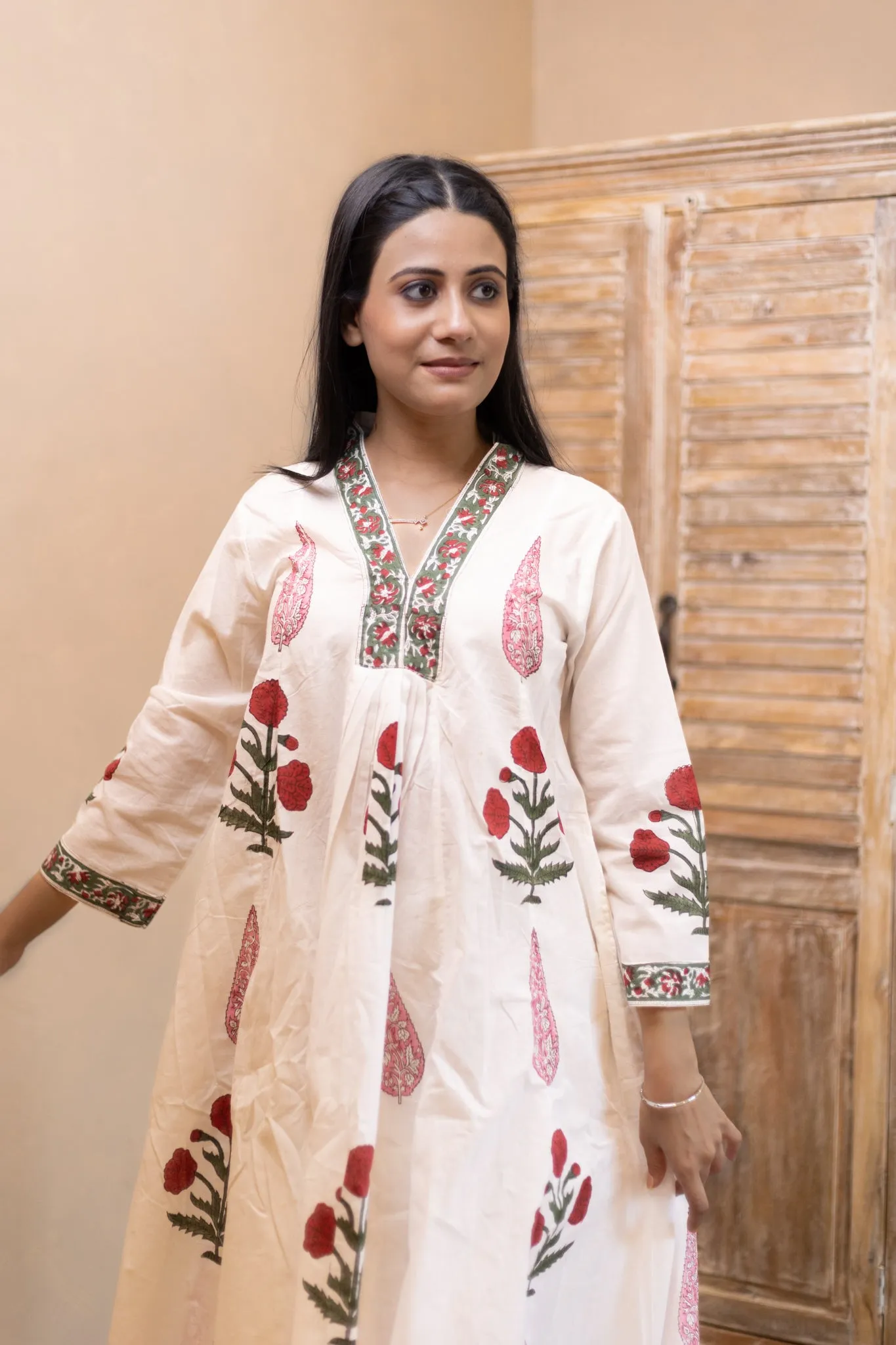 100% Cotton Hand Block Printed Sundress -Rose