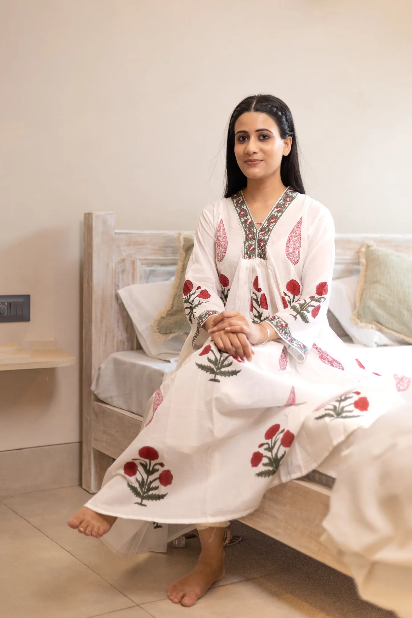 100% Cotton Hand Block Printed Sundress -Rose