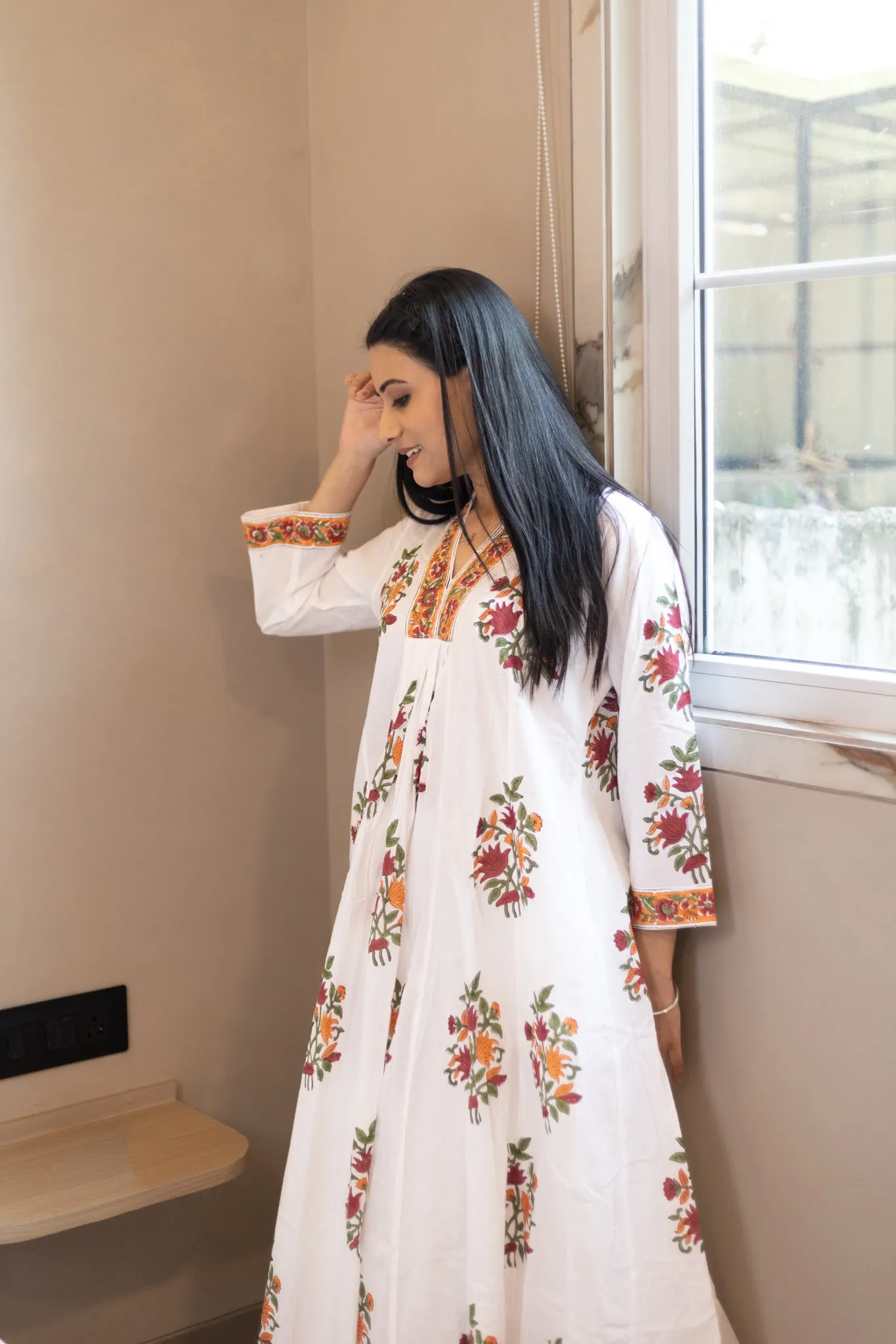 100% Cotton Hand Block Printed Sundress - Tangerine