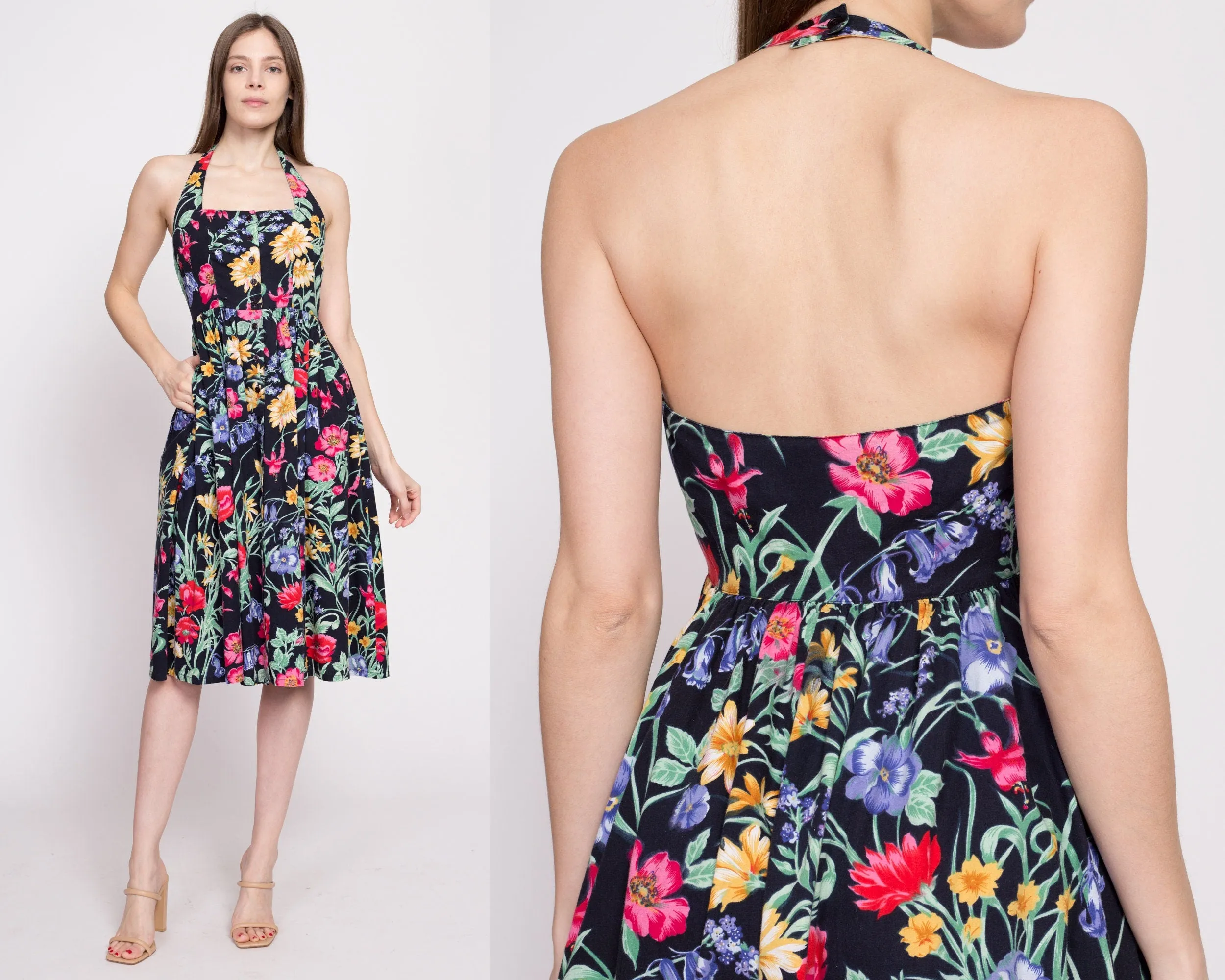 80s Black Floral Fit & Flare Sundress - Extra Small