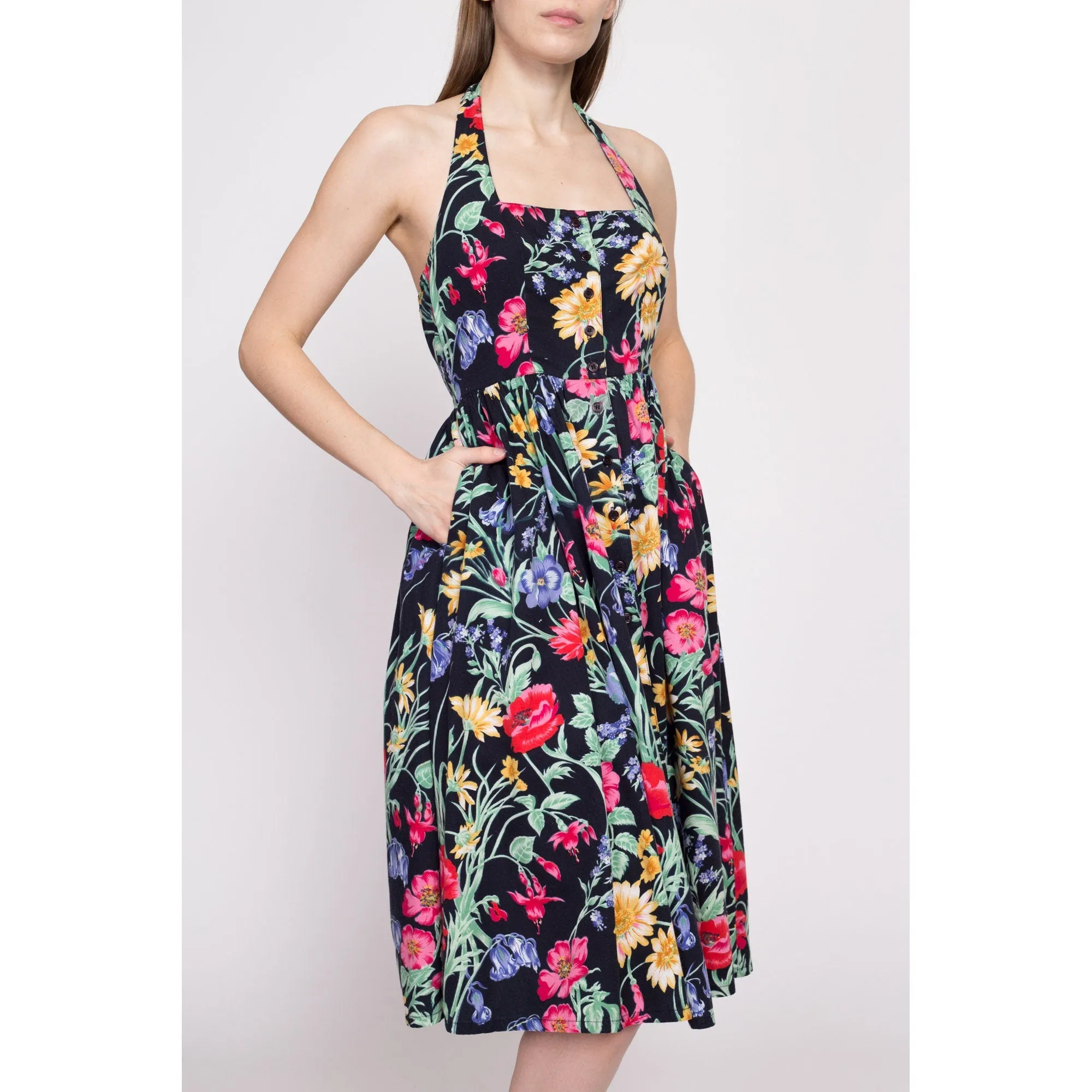 80s Black Floral Fit & Flare Sundress - Extra Small