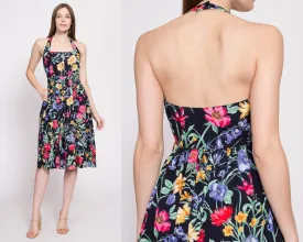 80s Black Floral Fit & Flare Sundress - Extra Small