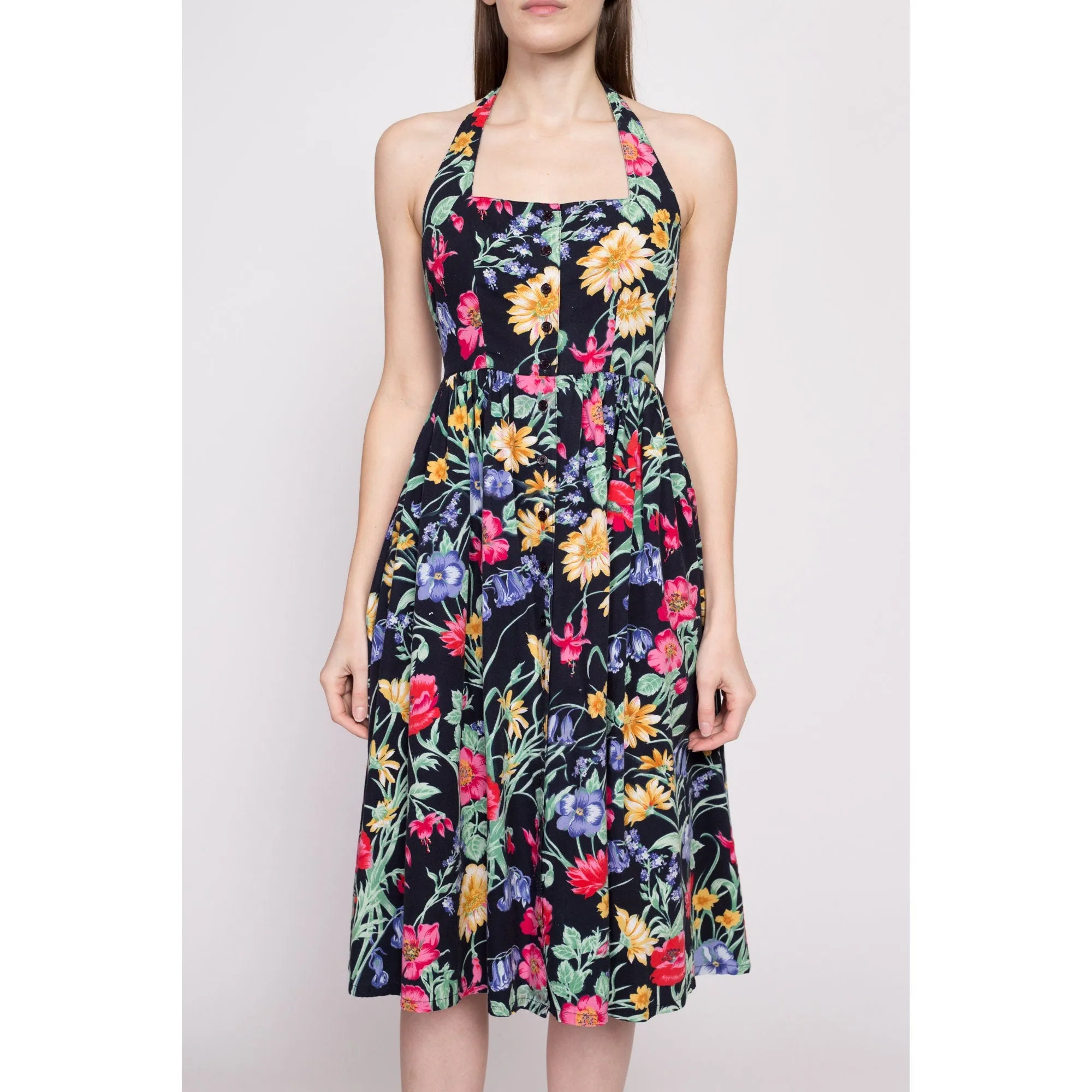 80s Black Floral Fit & Flare Sundress - Extra Small
