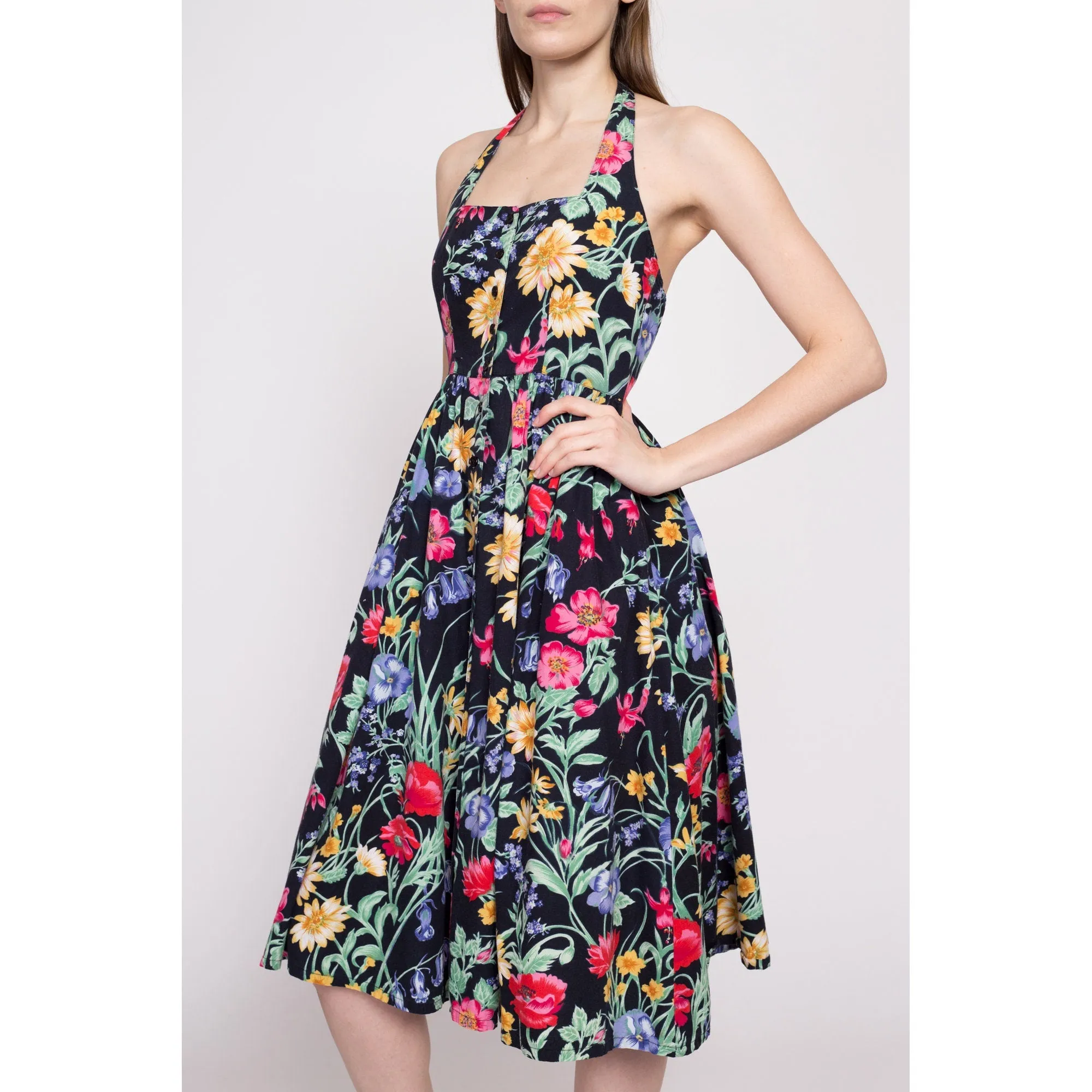 80s Black Floral Fit & Flare Sundress - Extra Small