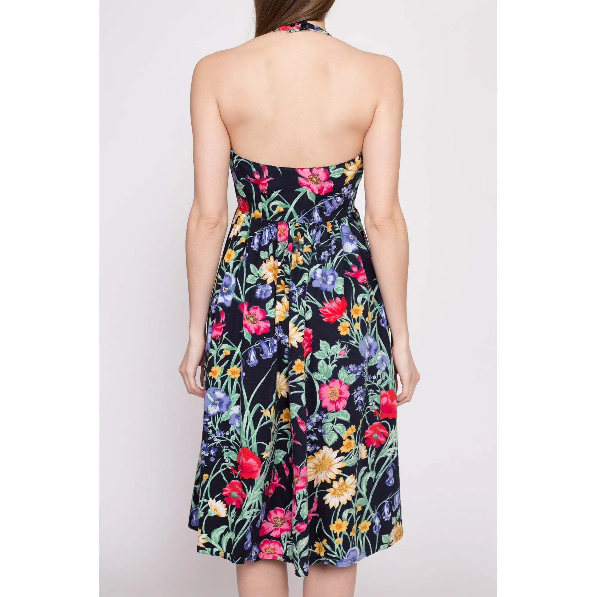80s Black Floral Fit & Flare Sundress - Extra Small