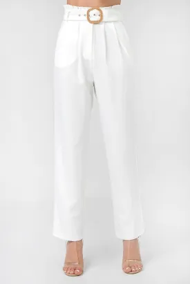 A Solid Pant Featuring Paperbag Waist With Rattan Buckle Belt