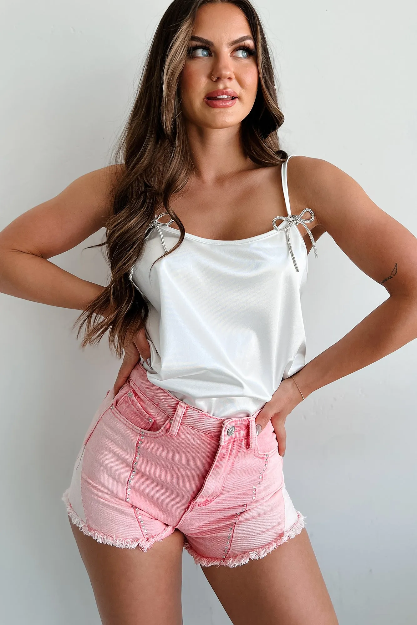 Add A Little Bling Satin Rhinestone Bow Tank Top (Ivory)