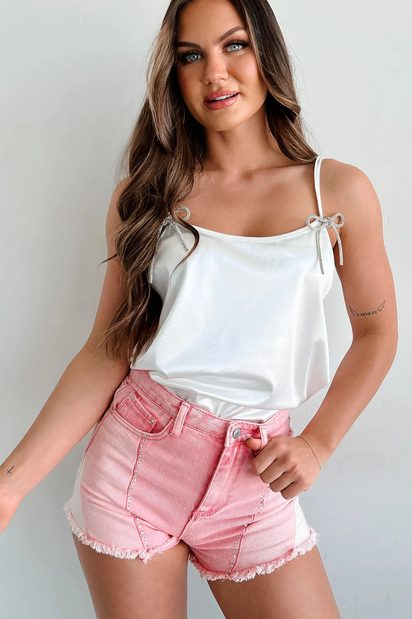 Add A Little Bling Satin Rhinestone Bow Tank Top (Ivory)