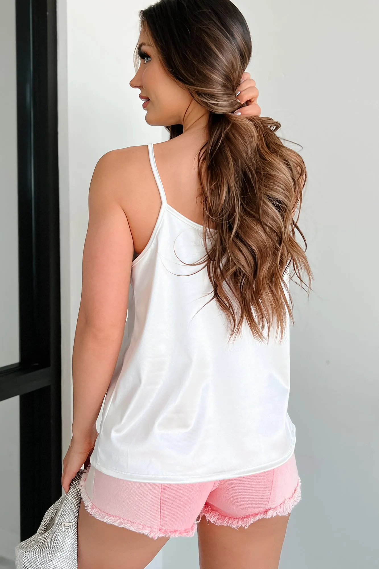 Add A Little Bling Satin Rhinestone Bow Tank Top (Ivory)