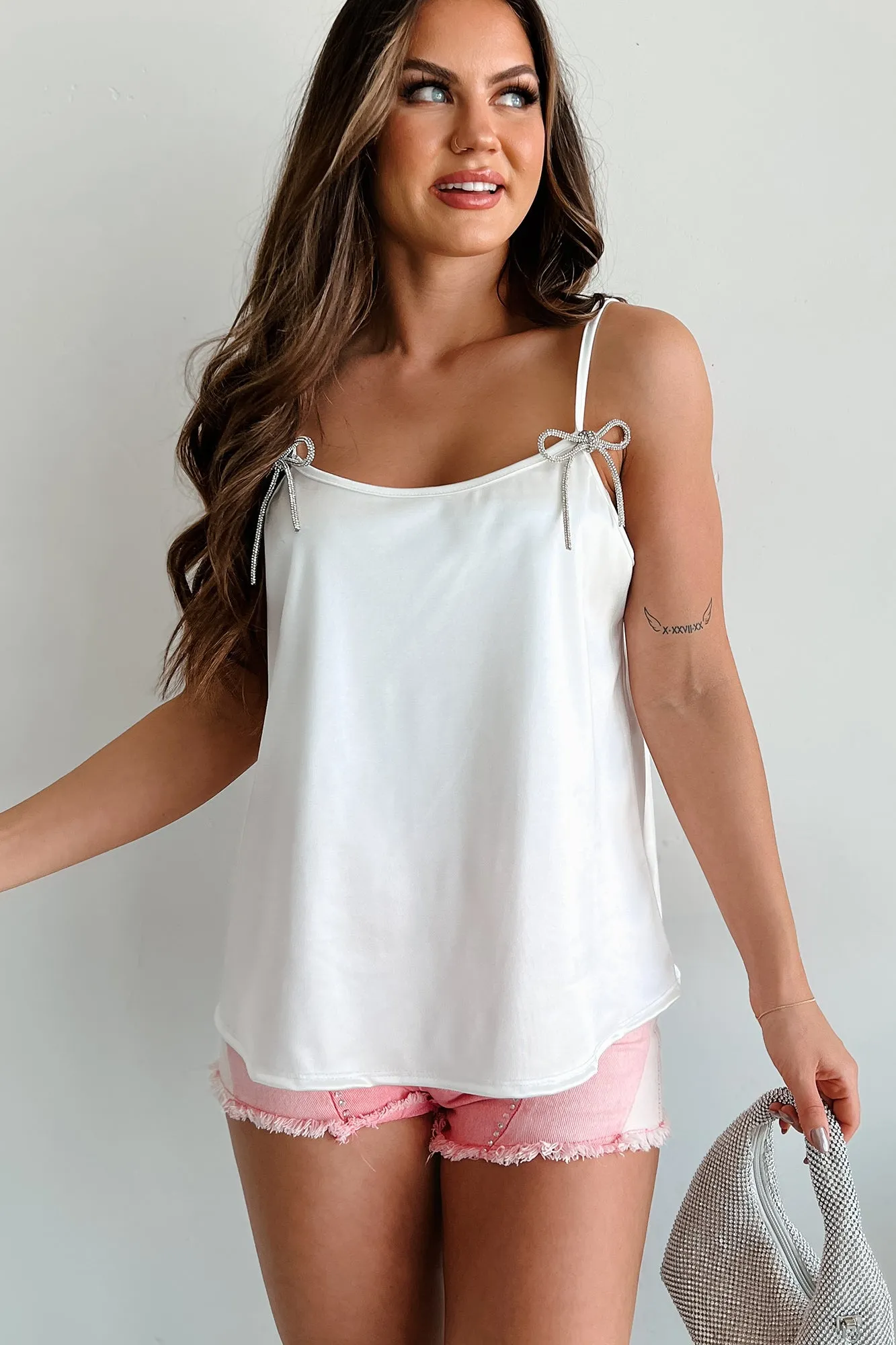 Add A Little Bling Satin Rhinestone Bow Tank Top (Ivory)