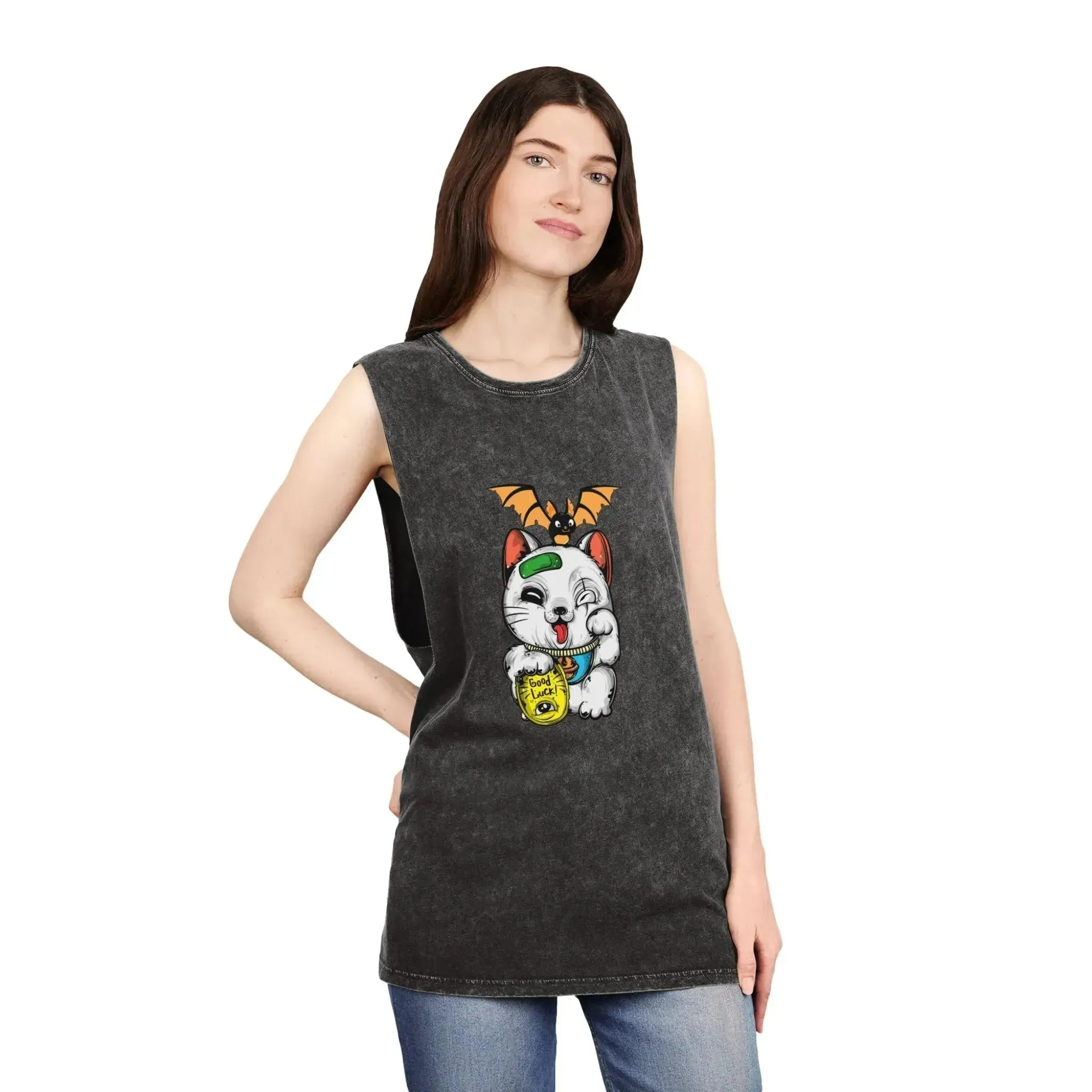 Aesthetic Lucky Cat Unisex Stonewash Tank Top