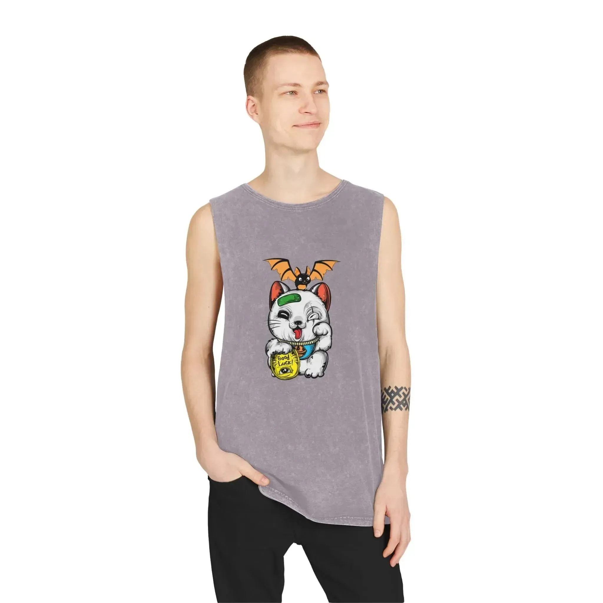 Aesthetic Lucky Cat Unisex Stonewash Tank Top