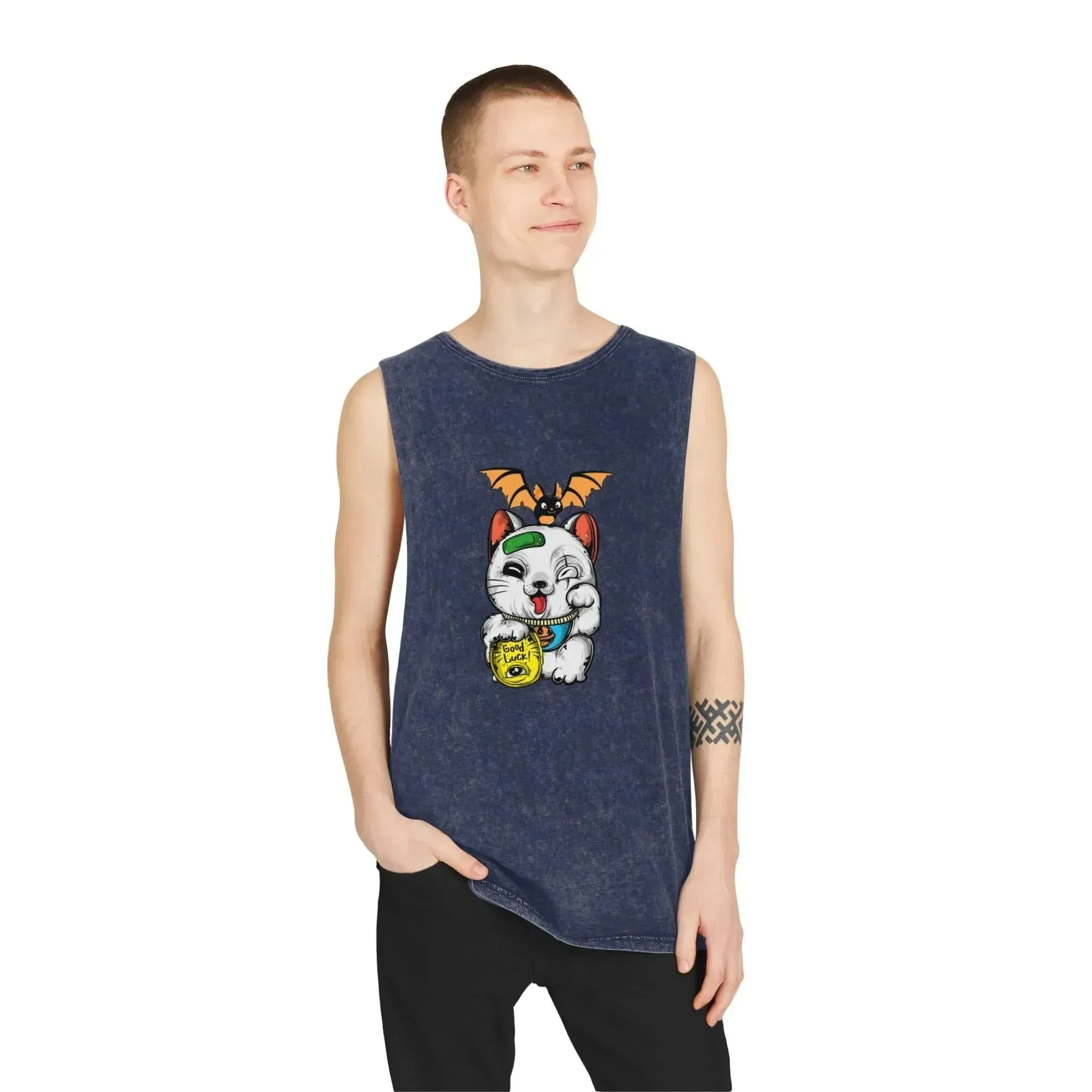 Aesthetic Lucky Cat Unisex Stonewash Tank Top