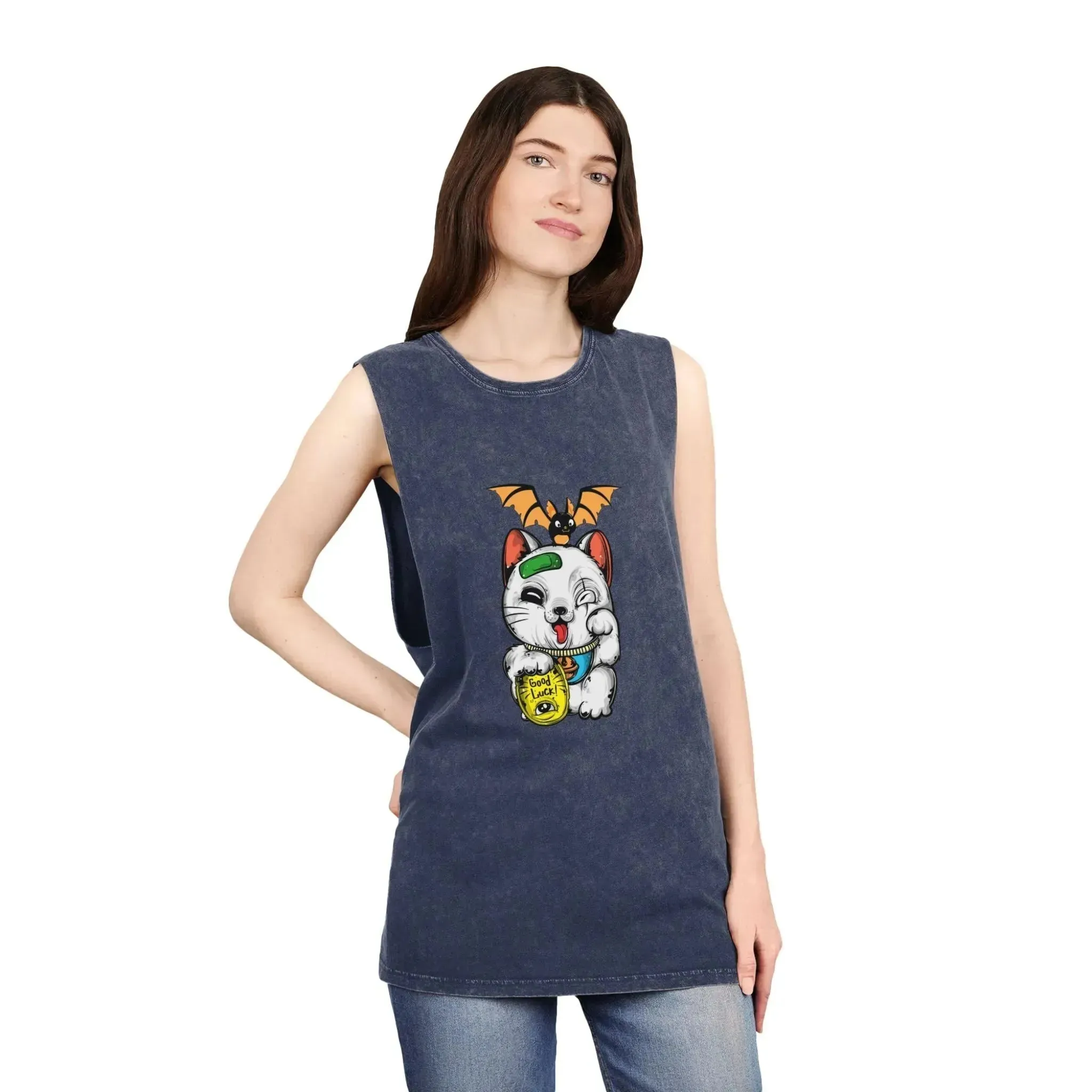 Aesthetic Lucky Cat Unisex Stonewash Tank Top