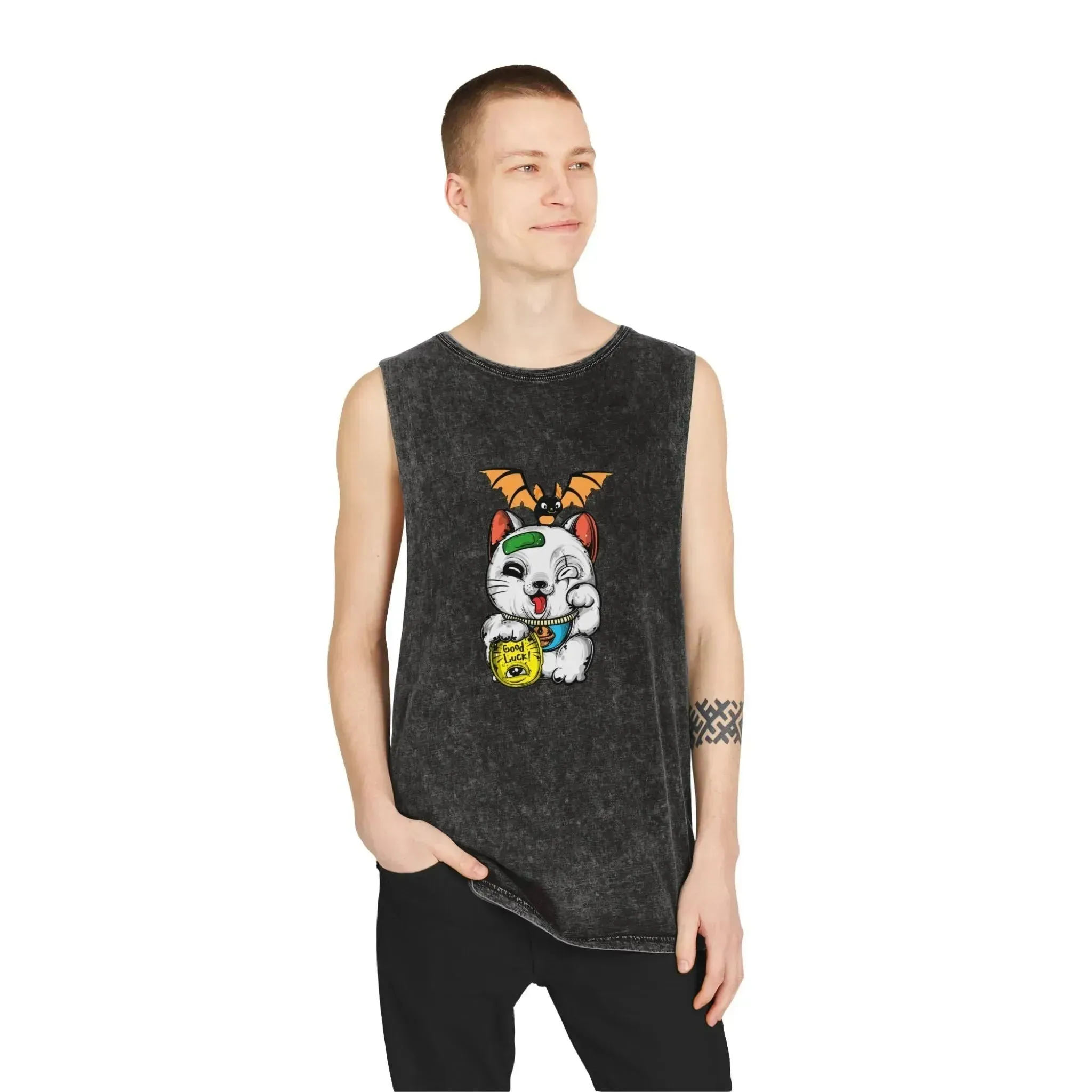 Aesthetic Lucky Cat Unisex Stonewash Tank Top