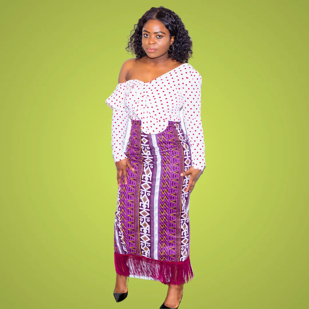 Amba Purple  Pencil Skirt With Fringe Marcy Boutique Elegant Black And White Puff Sleeve Dress