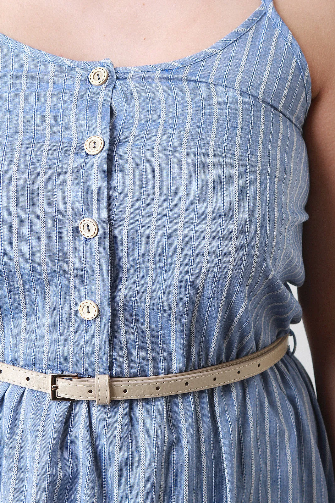 Belted Button-Up Striped Sundress