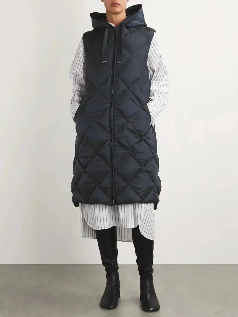Belted Diamond-Quilted Hooded Long Vest Coat in Black