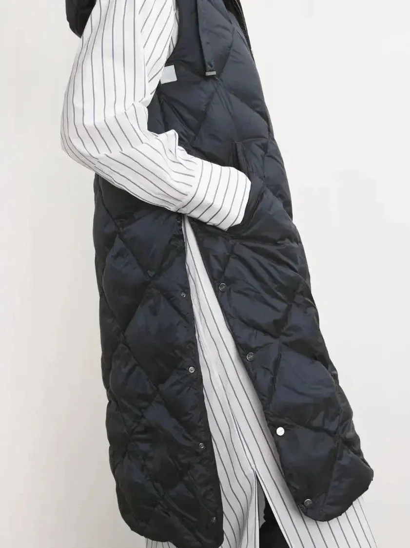 Belted Diamond-Quilted Hooded Long Vest Coat in Black