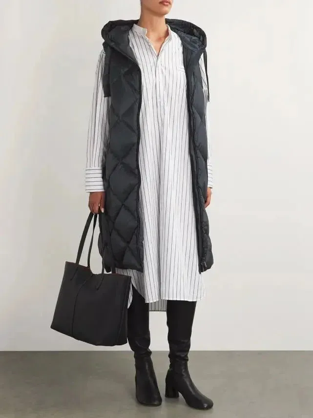 Belted Diamond-Quilted Hooded Long Vest Coat in Black