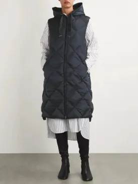 Belted Diamond-Quilted Hooded Long Vest Coat in Black