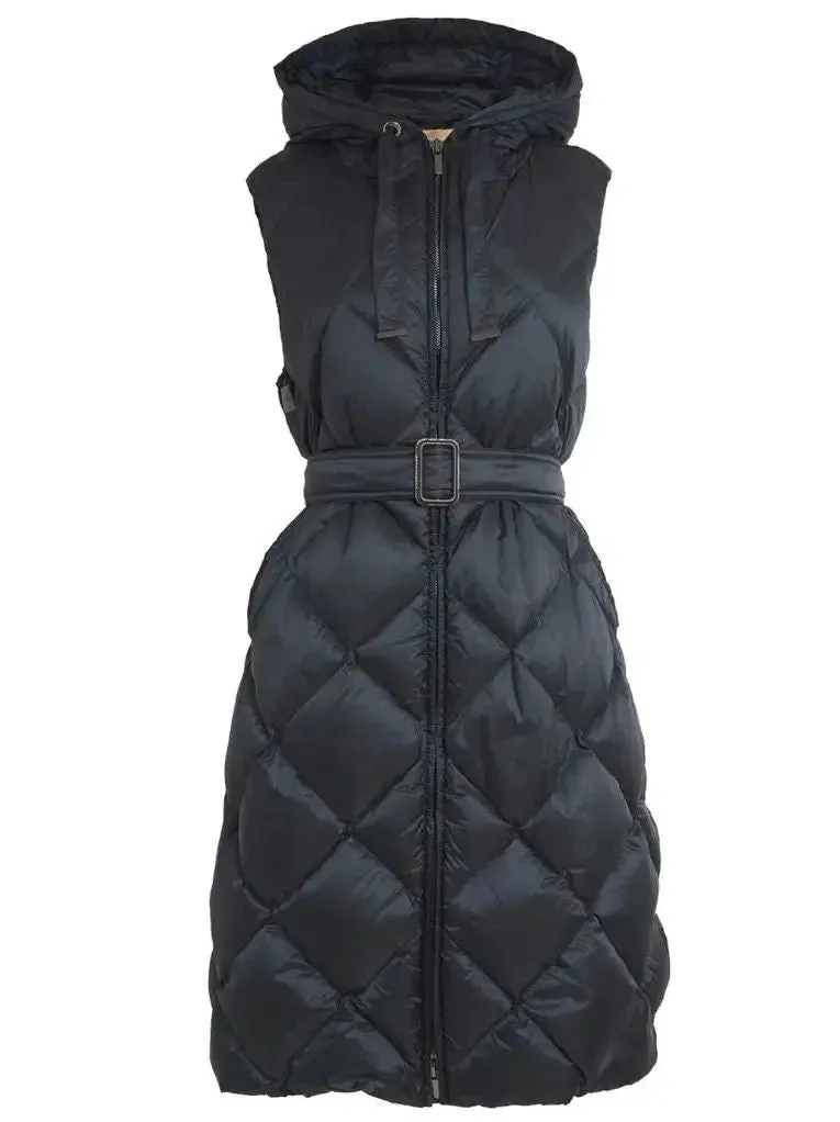 Belted Diamond-Quilted Hooded Long Vest Coat in Black