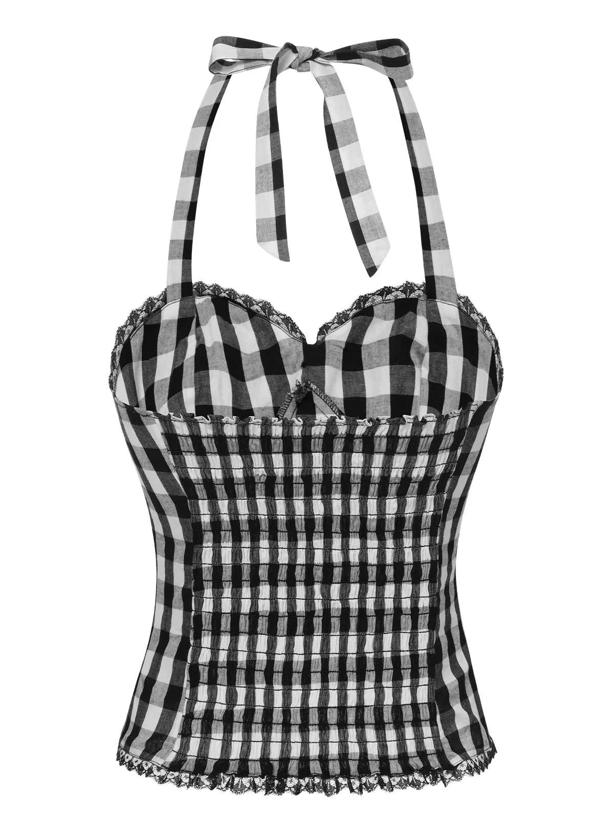 Black 1950s Plaid Halter Lace Bow Top