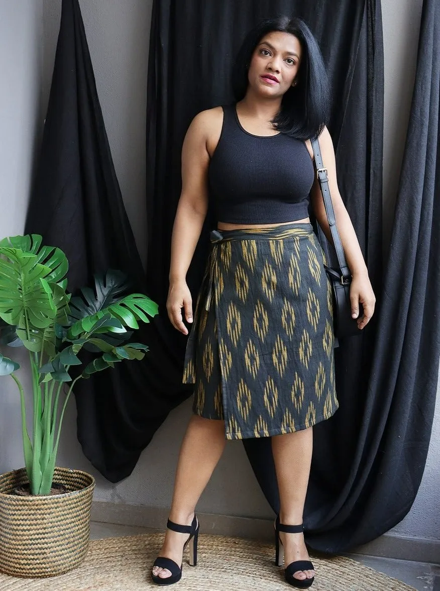 Black and Mustard Handwoven Ikat Cotton Wrap Skirt