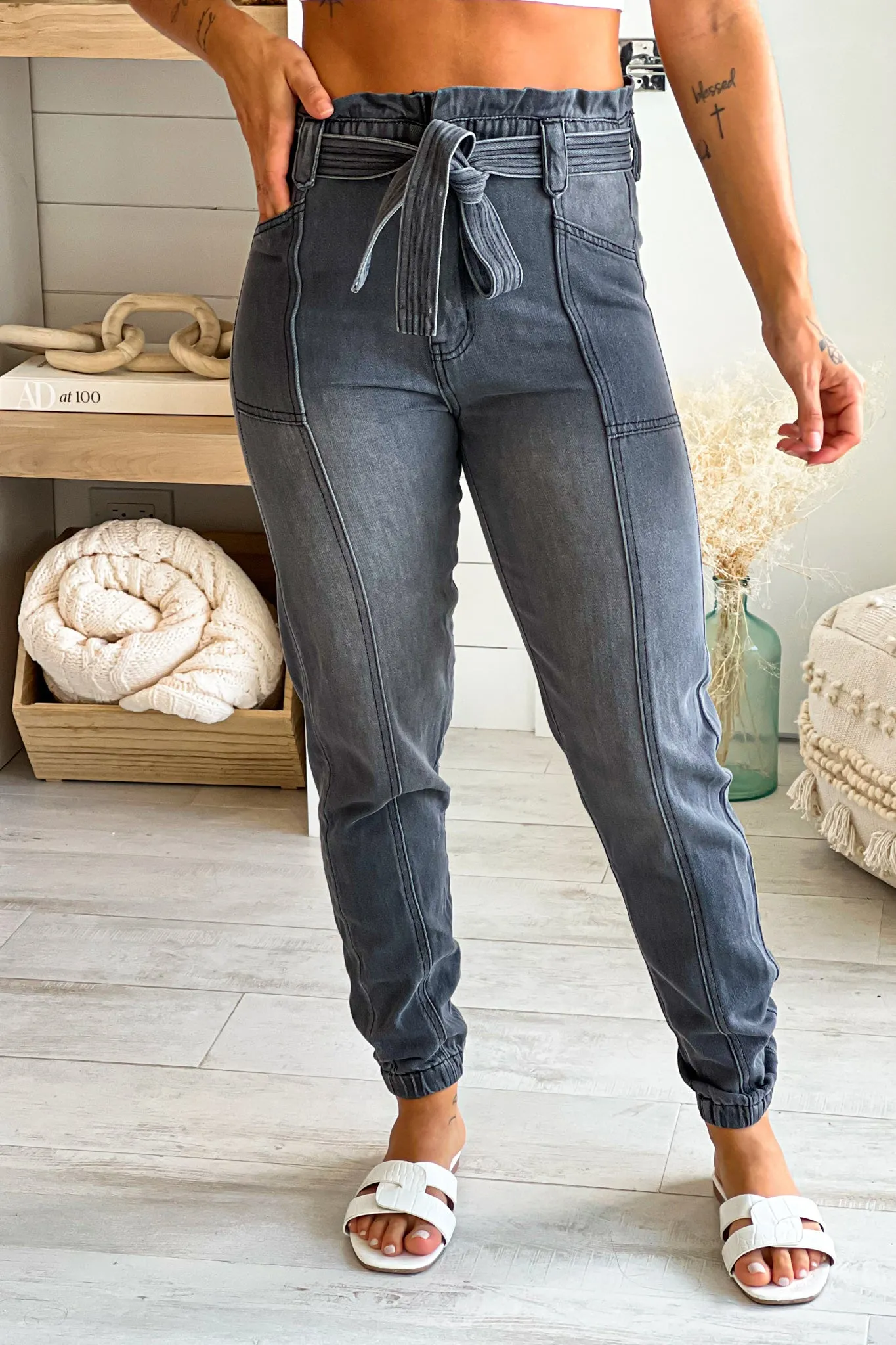 Black Denim Paperbag Joggers