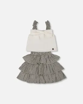 Bow Top And Ruffled Skirt Set White And Black Striped