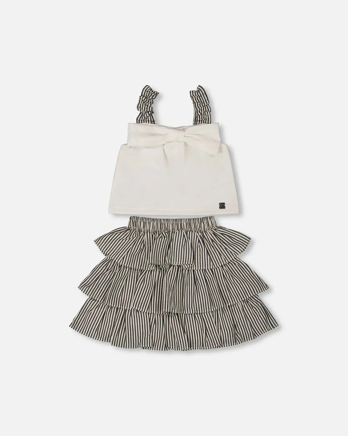Bow Top And Ruffled Skirt Set White And Black Striped