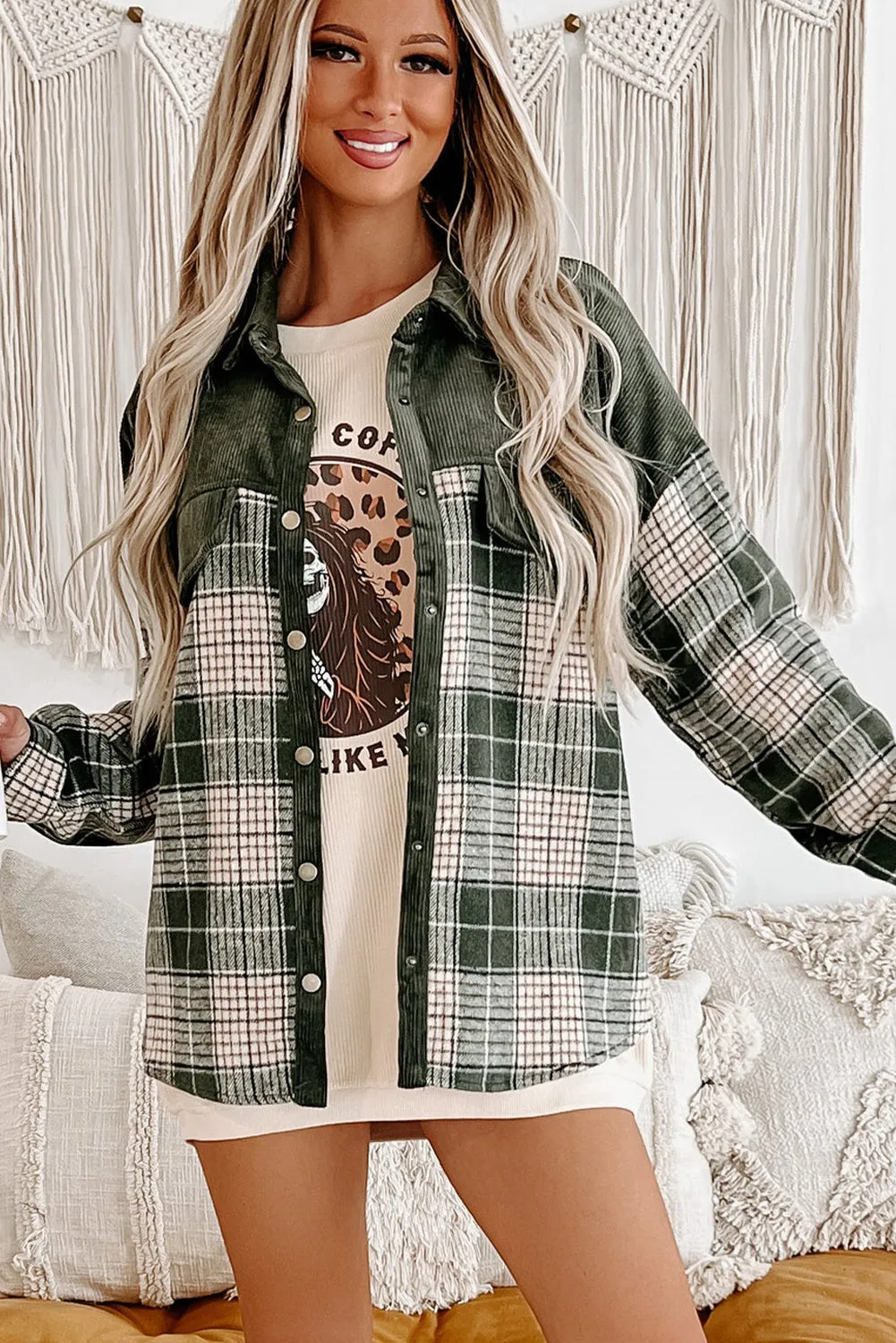 Button-Up Plaid Corduroy Jacket