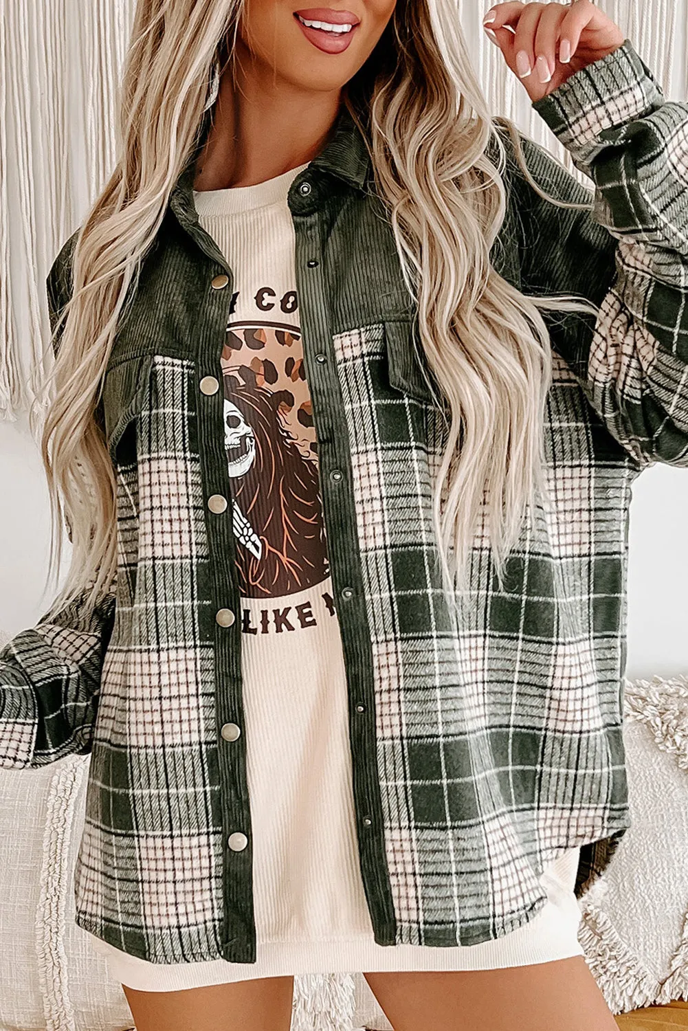 Button-Up Plaid Corduroy Jacket