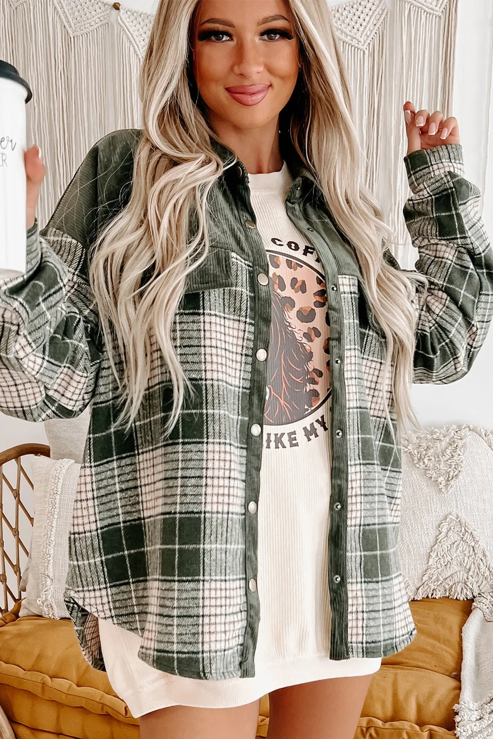 Button-Up Plaid Corduroy Jacket
