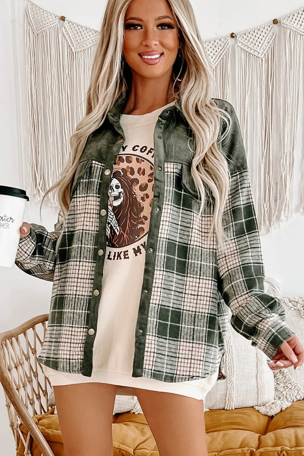 Button-Up Plaid Corduroy Jacket