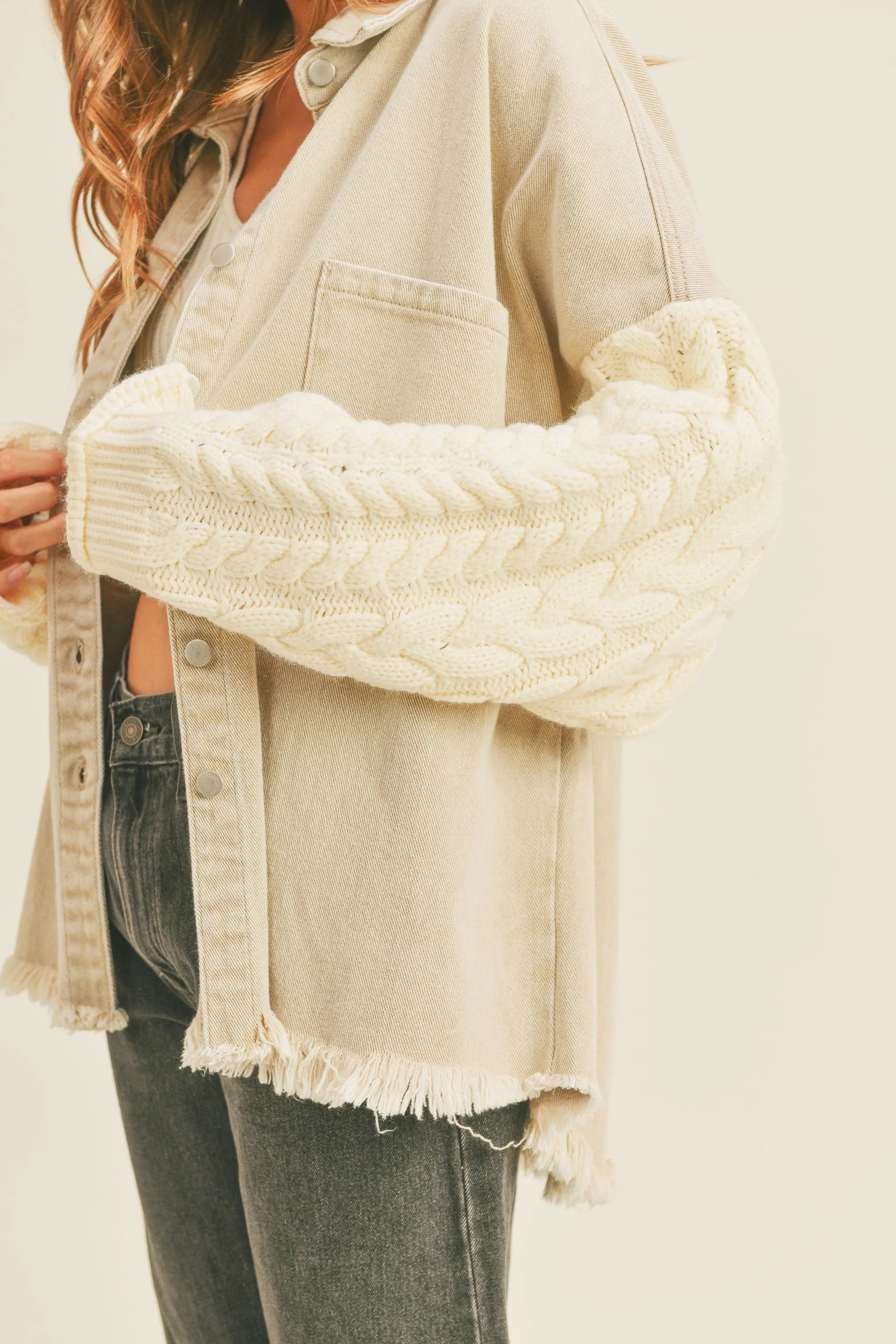 Camille Denim Cardigan Button Down Shacket - Cream