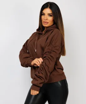 Chocolate Brown Ruched Sleeve Oversized Fit Hoodie