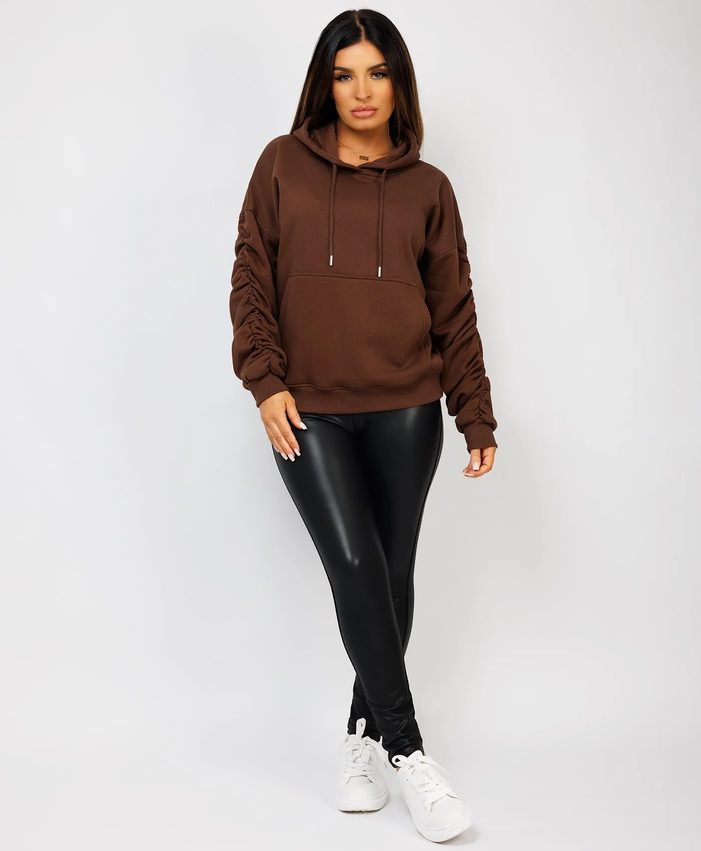 Chocolate Brown Ruched Sleeve Oversized Fit Hoodie