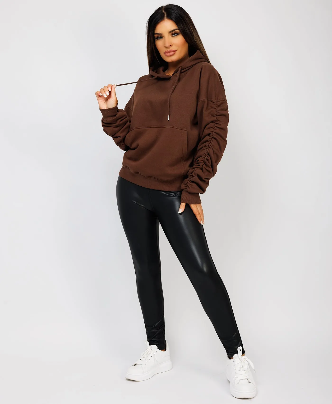 Chocolate Brown Ruched Sleeve Oversized Fit Hoodie