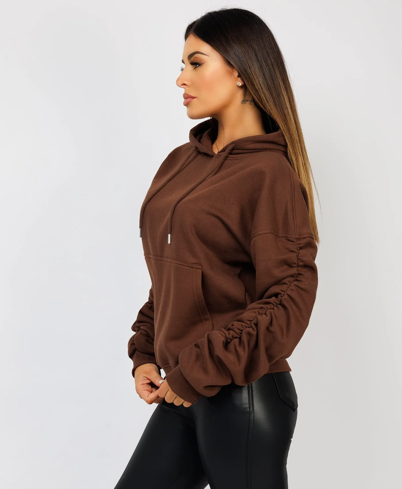 Chocolate Brown Ruched Sleeve Oversized Fit Hoodie