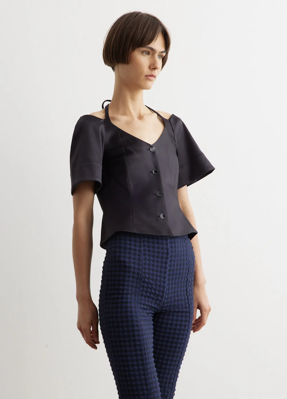 Double Satin Fitted Open-Neck Blouse