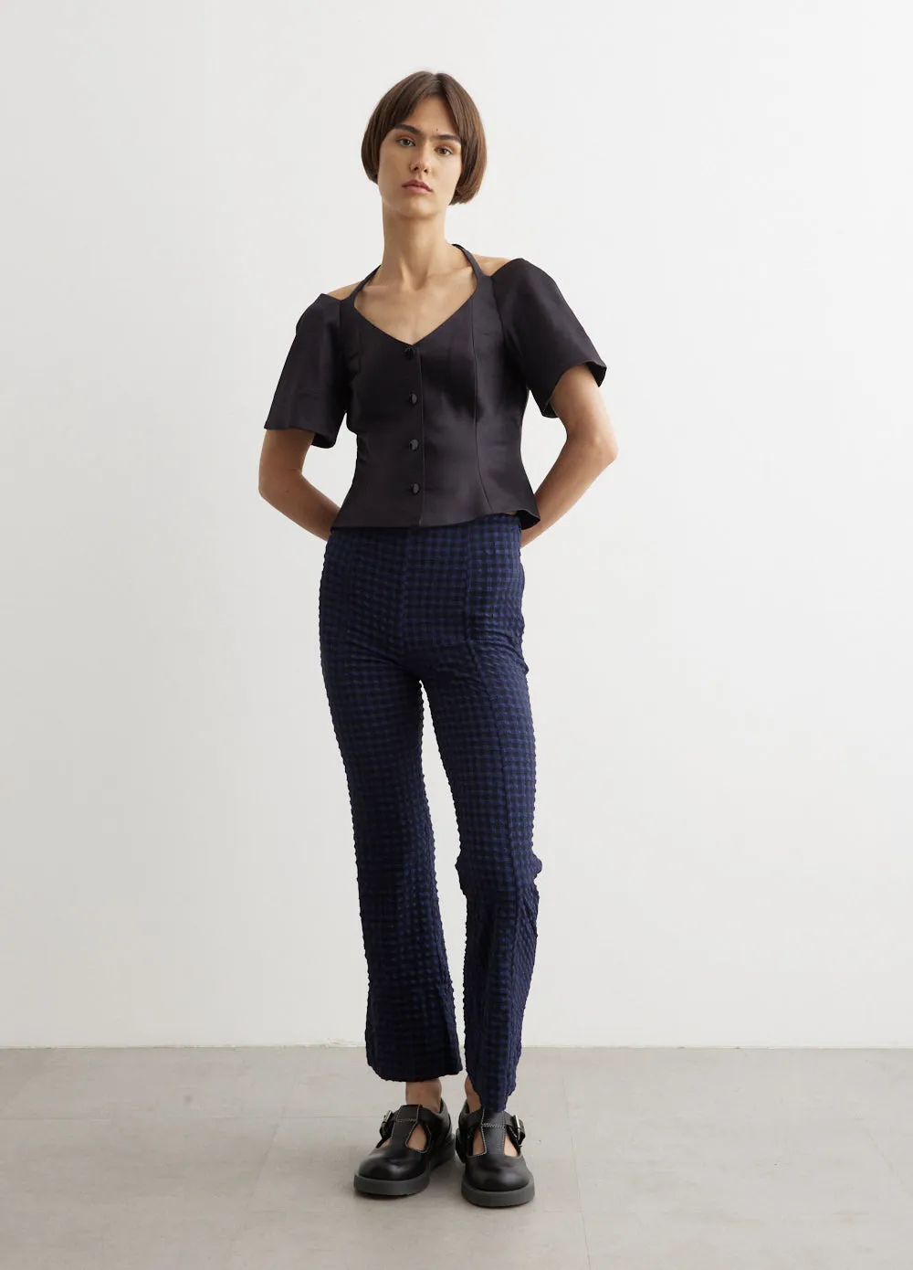 Double Satin Fitted Open-Neck Blouse