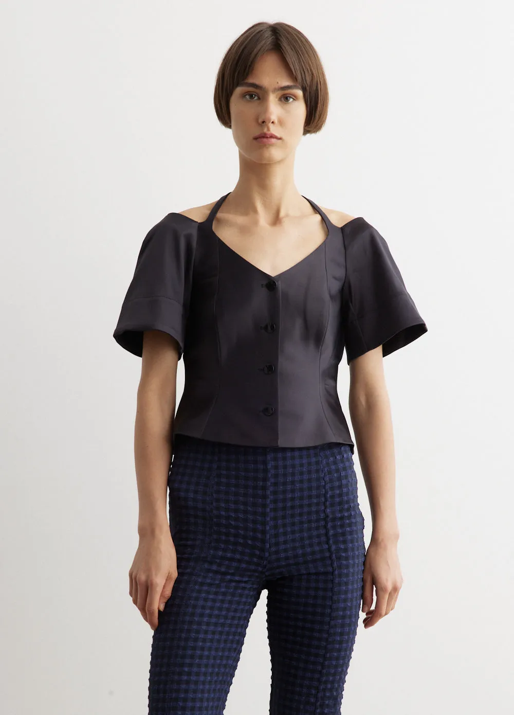 Double Satin Fitted Open-Neck Blouse