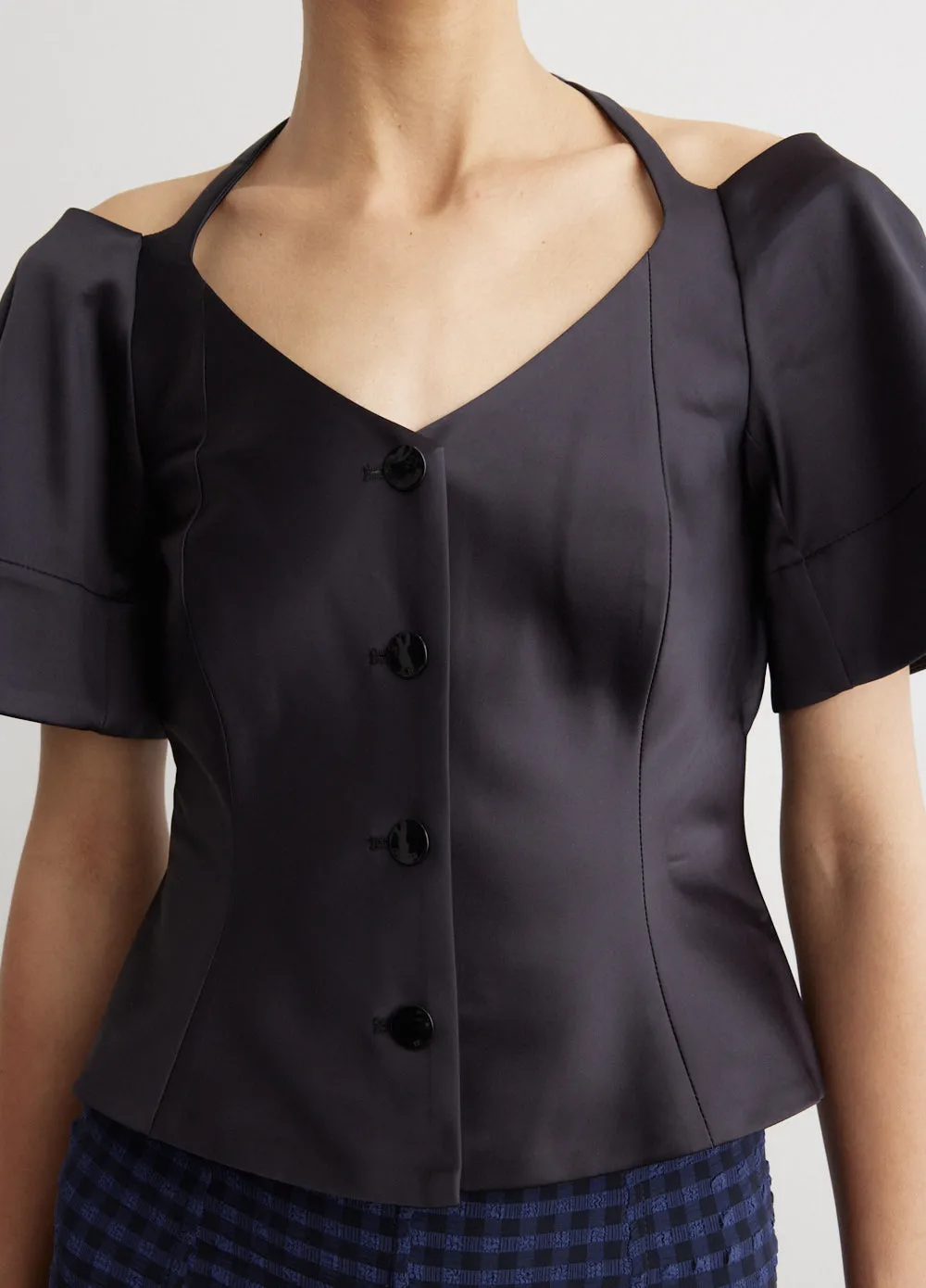 Double Satin Fitted Open-Neck Blouse