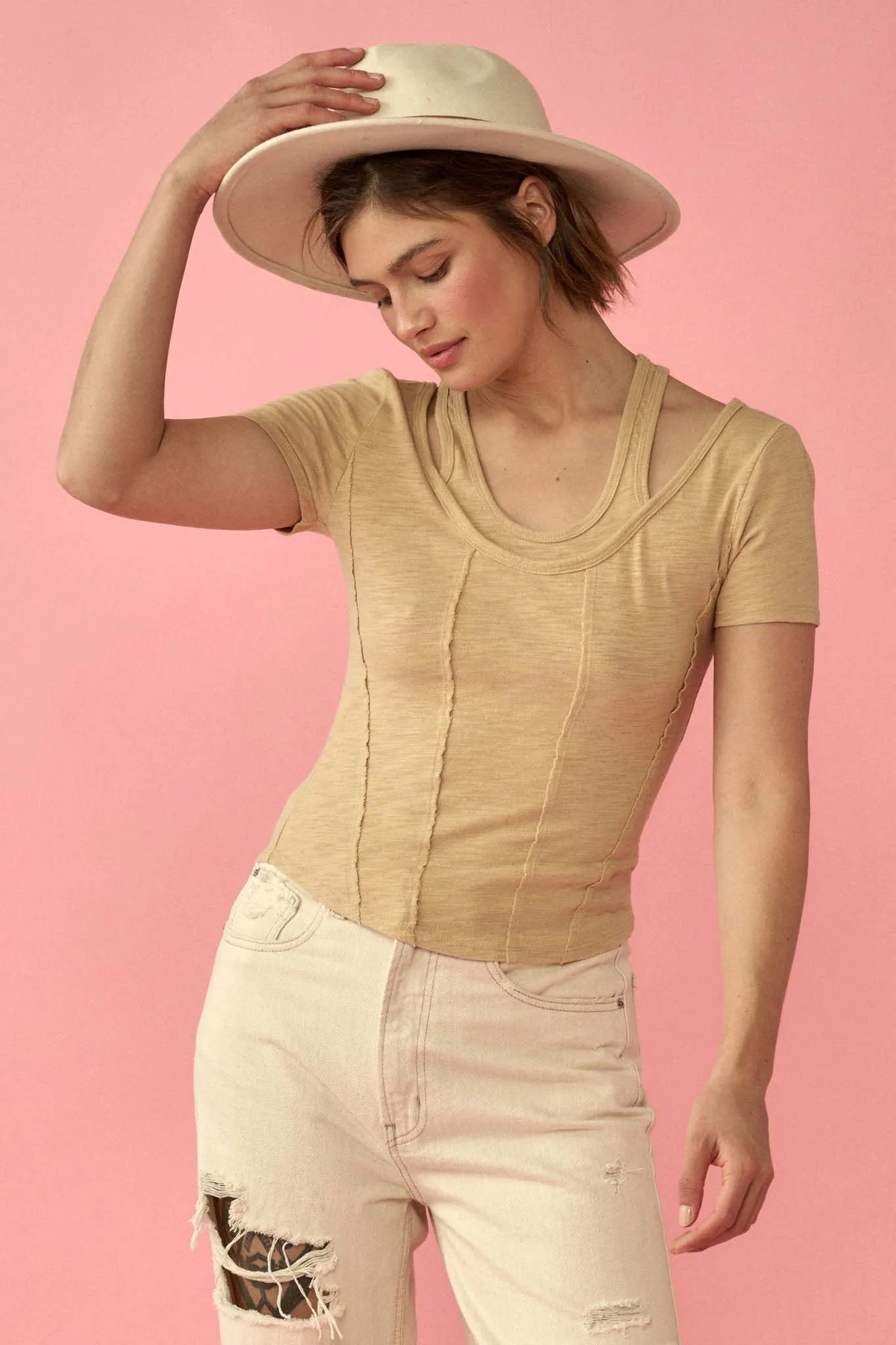 Easy Fit Exposed-Seam Cotton Slub Layered Tee