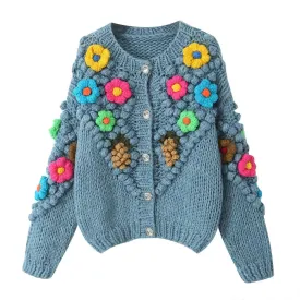 Embroidered Knitted Flowers Cardigan