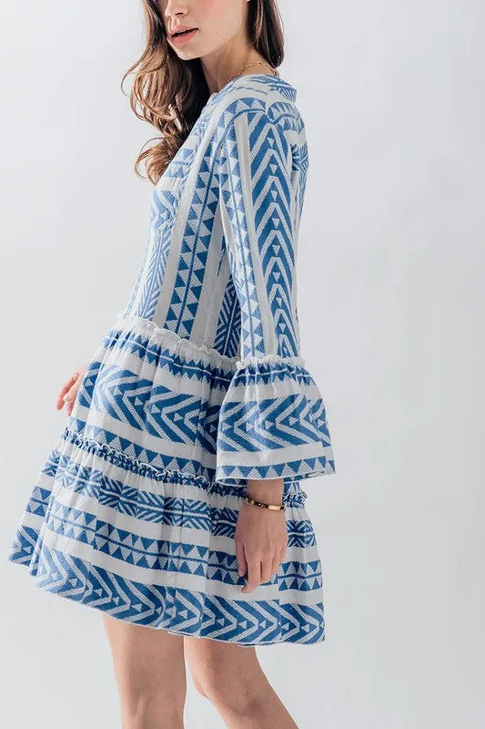 Embroidered Pattern Ruffle Bell Sleeve Dress