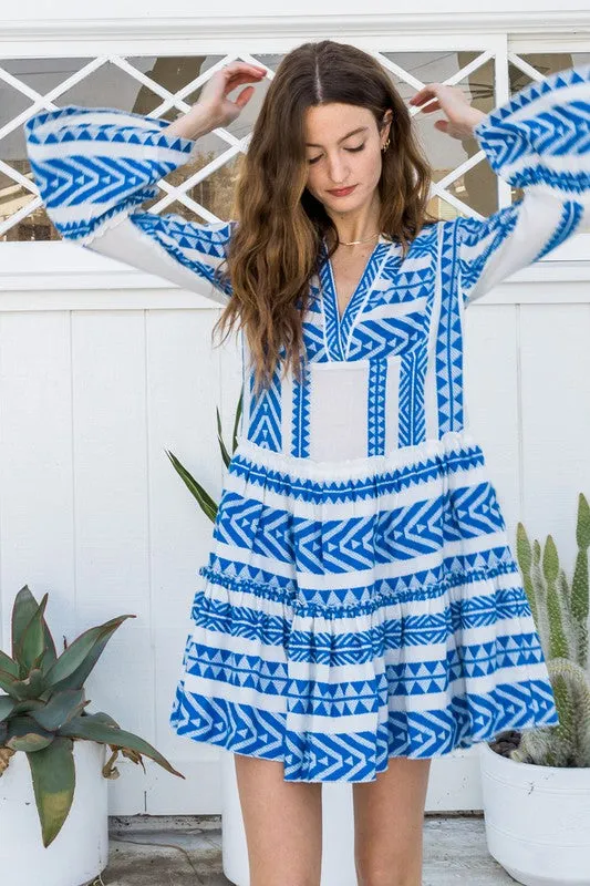 Embroidered Pattern Ruffle Bell Sleeve Dress