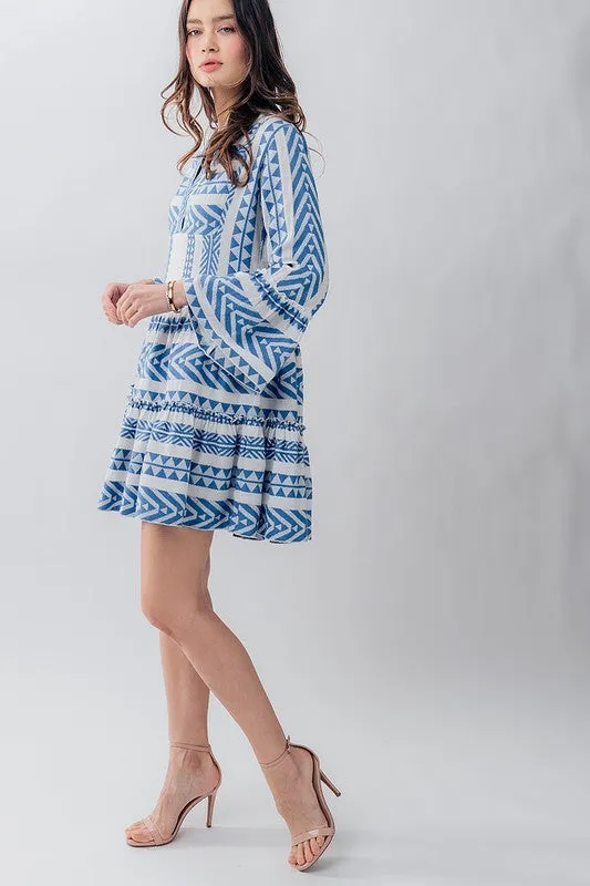 Embroidered Pattern Ruffle Bell Sleeve Dress
